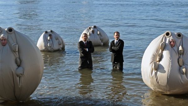 Andy Bichlbaum and Mike Bonanno with Survivaballs